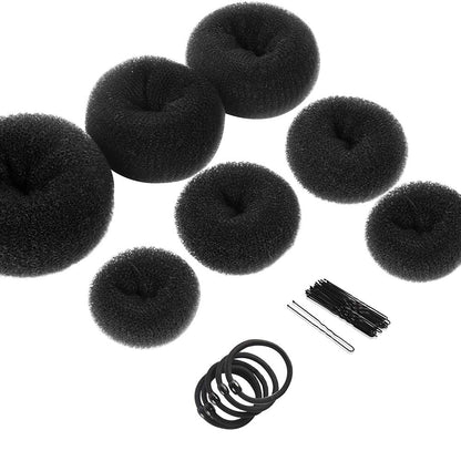 Donut Hair Bun Maker Set - 7 Rings (1 Extra-Large, 2 Large, 2 Medium, 2 Small), 5 Elastic Bands, 20 Hair Pins, Dark Brown