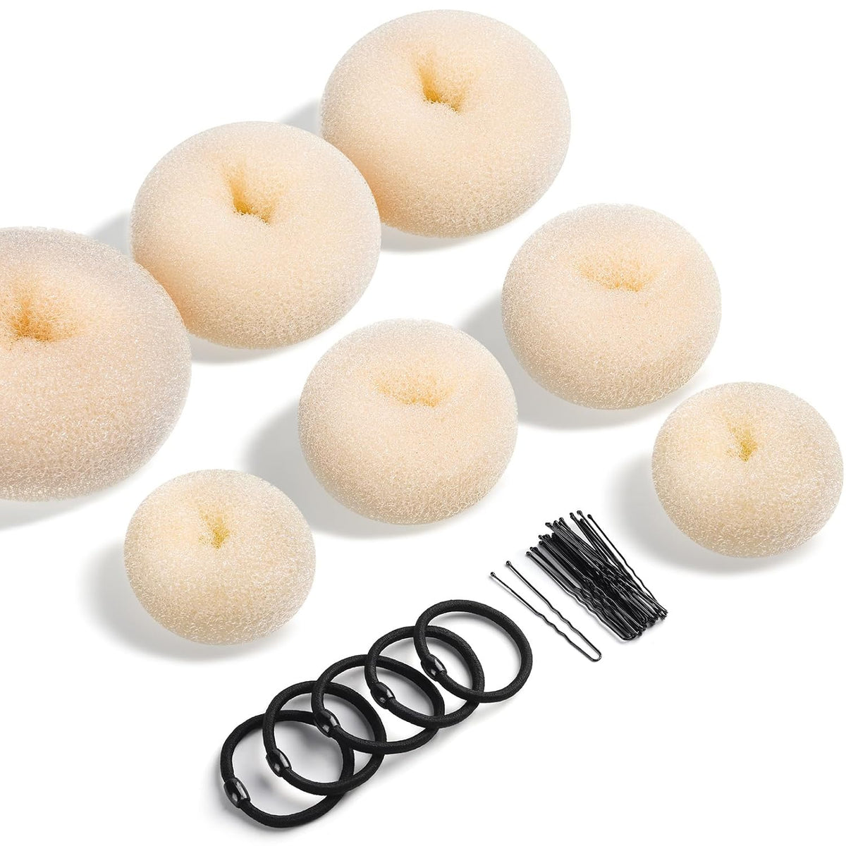 Donut Hair Bun Maker Set - 7 Rings (1 Extra-Large, 2 Large, 2 Medium, 2 Small), 5 Elastic Bands, 20 Hair Pins, Dark Brown