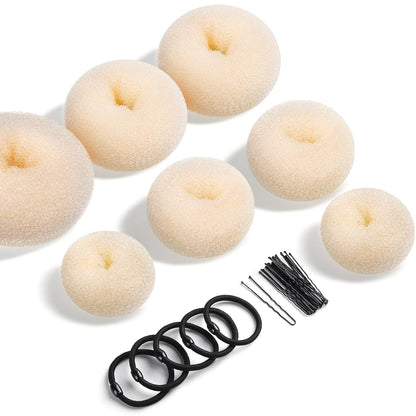 Donut Hair Bun Maker Set - 7 Rings (1 Extra-Large, 2 Large, 2 Medium, 2 Small), 5 Elastic Bands, 20 Hair Pins, Dark Brown