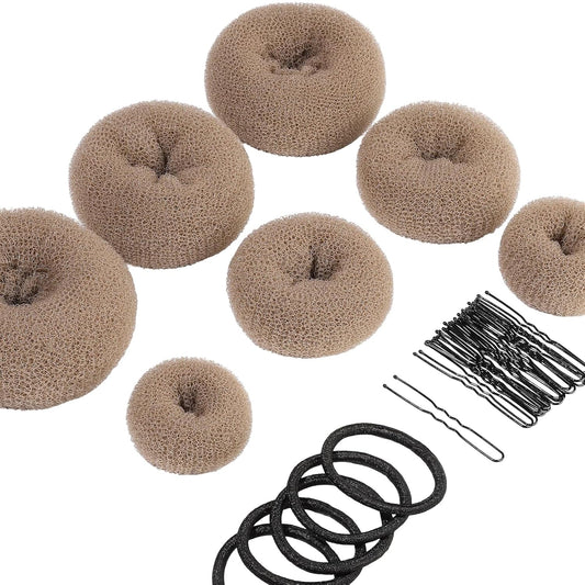 Donut Hair Bun Maker Set - 7 Rings (1 Extra-Large, 2 Large, 2 Medium, 2 Small), 5 Elastic Bands, 20 Hair Pins, Dark Brown