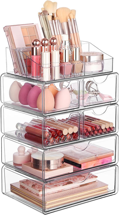 3 Tier Clear Makeup Organizer with Drawer, Cosmetic Storage for Dresser Countertop and Bathroom Vanity, Beauty Holder for Lipstick Brush Skincare