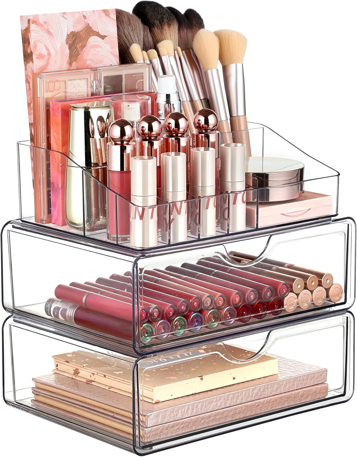 3 Tier Clear Makeup Organizer with Drawer, Cosmetic Storage for Dresser Countertop and Bathroom Vanity, Beauty Holder for Lipstick Brush Skincare