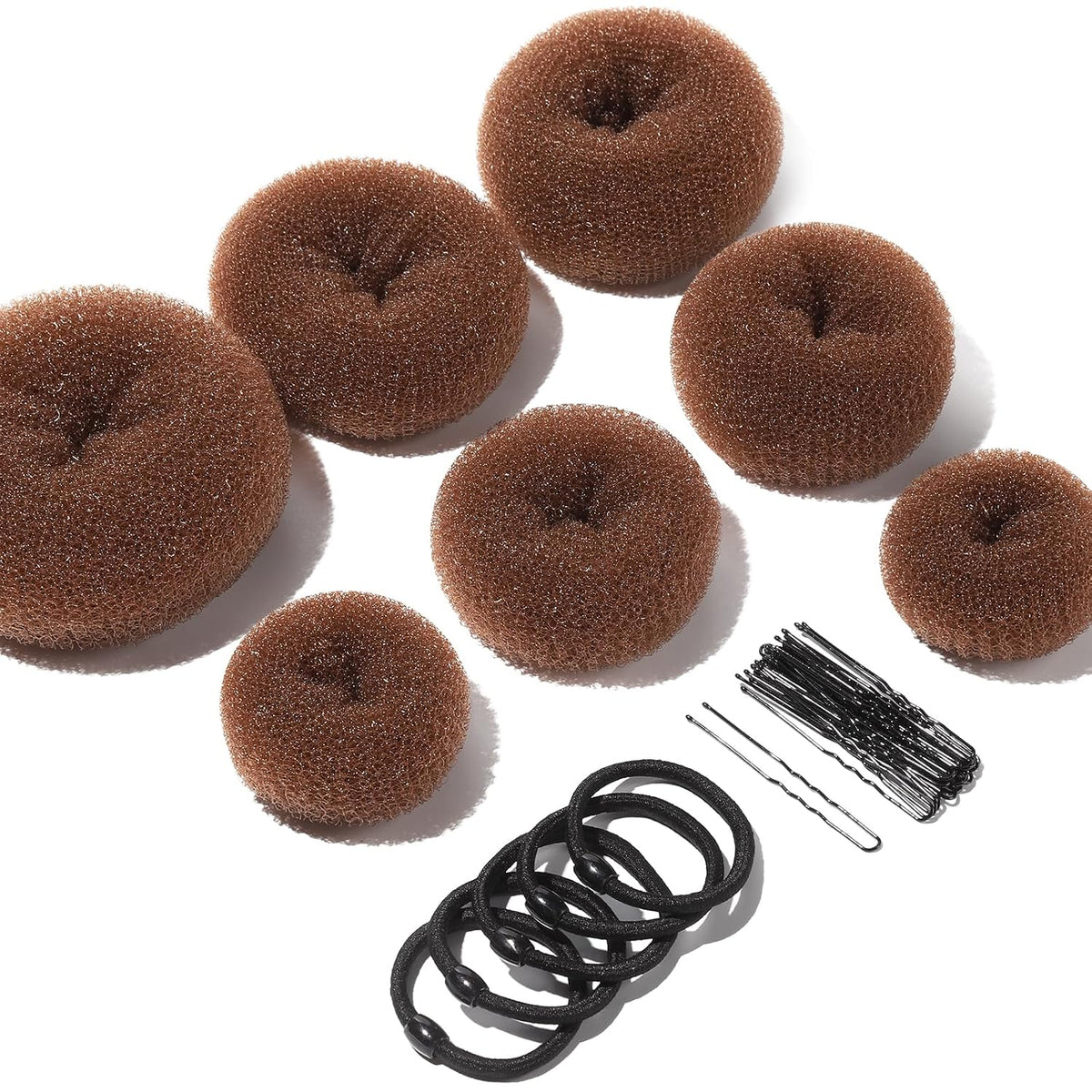Donut Hair Bun Maker Set - 7 Rings (1 Extra-Large, 2 Large, 2 Medium, 2 Small), 5 Elastic Bands, 20 Hair Pins, Dark Brown